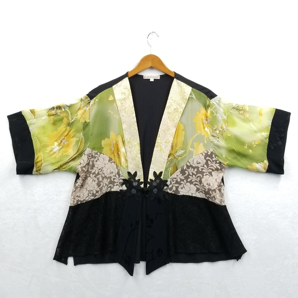 Vintage Kimono Jacket Women L Silk Burnout Lace Boho Whimsy Goth Fairy Cover Up
